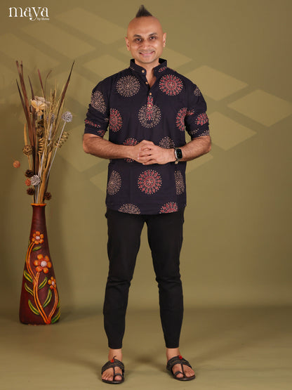 Navy Blue Cotton Ajrakh Printed Short Men Kurta