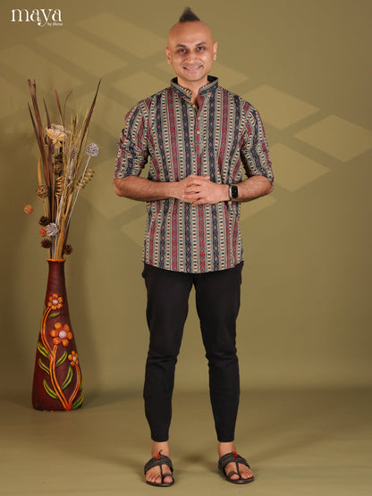 Multicolour Cotton Ajrakh Print Short Men Kurta