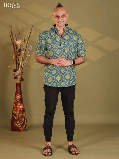 Peacock Blue Cotton Floral Print Short Men Kurta