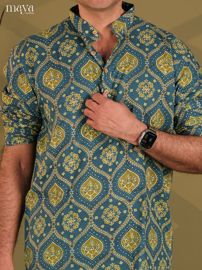 Peacock Blue Cotton Floral Print Short Men Kurta