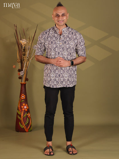 Grey Cotton Ikat Print Short Men Kurta