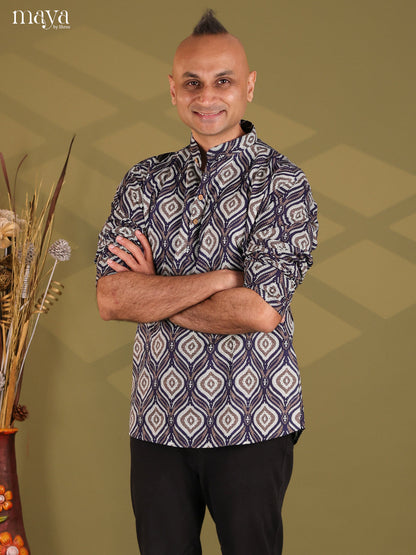 Ethnic Navy Blue Cotton Kurta For Men With Geometric Motifs