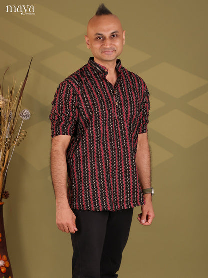 Striking Black with Maroon Cotton Kurta For Men With ZigZag Patterns