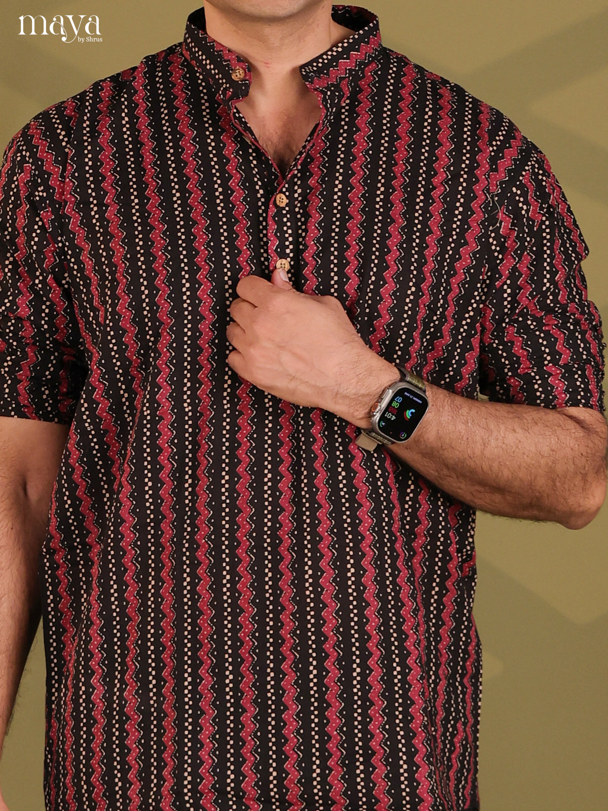Striking Black with Maroon Cotton Kurta For Men With ZigZag Patterns
