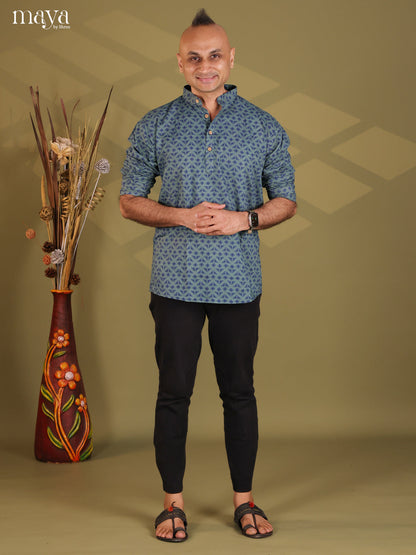 Blue Cotton Printed Short Men Kurta