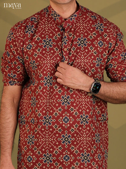 Maroon Cotton Ikat Print Short Men Kurta