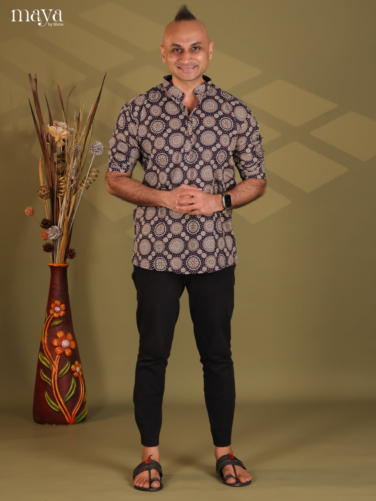 Elegant Black Cotton Kurta For Men With Ajrakh Prints