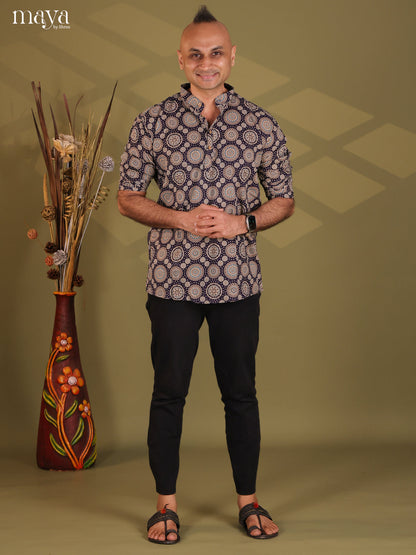 Elegant Black Cotton Kurta For Men With Ajrakh Prints
