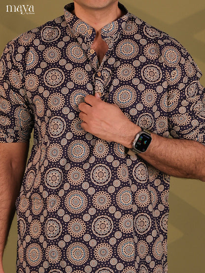 Elegant Black Cotton Kurta For Men With Ajrakh Prints