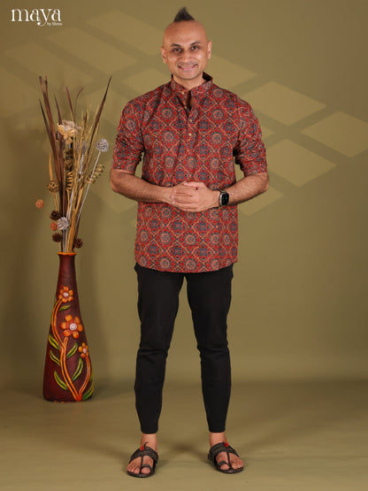 Maroon Cotton Ajrakh Print Short Men Kurta