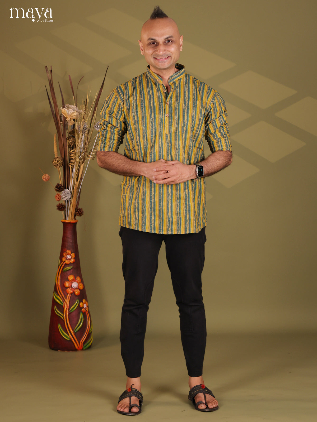 Lime Yellow Cotton Block Print Short Men Kurta