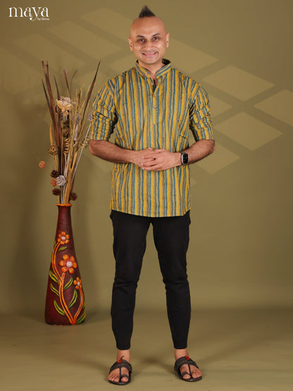 Lime Yellow Cotton Block Print Short Men Kurta