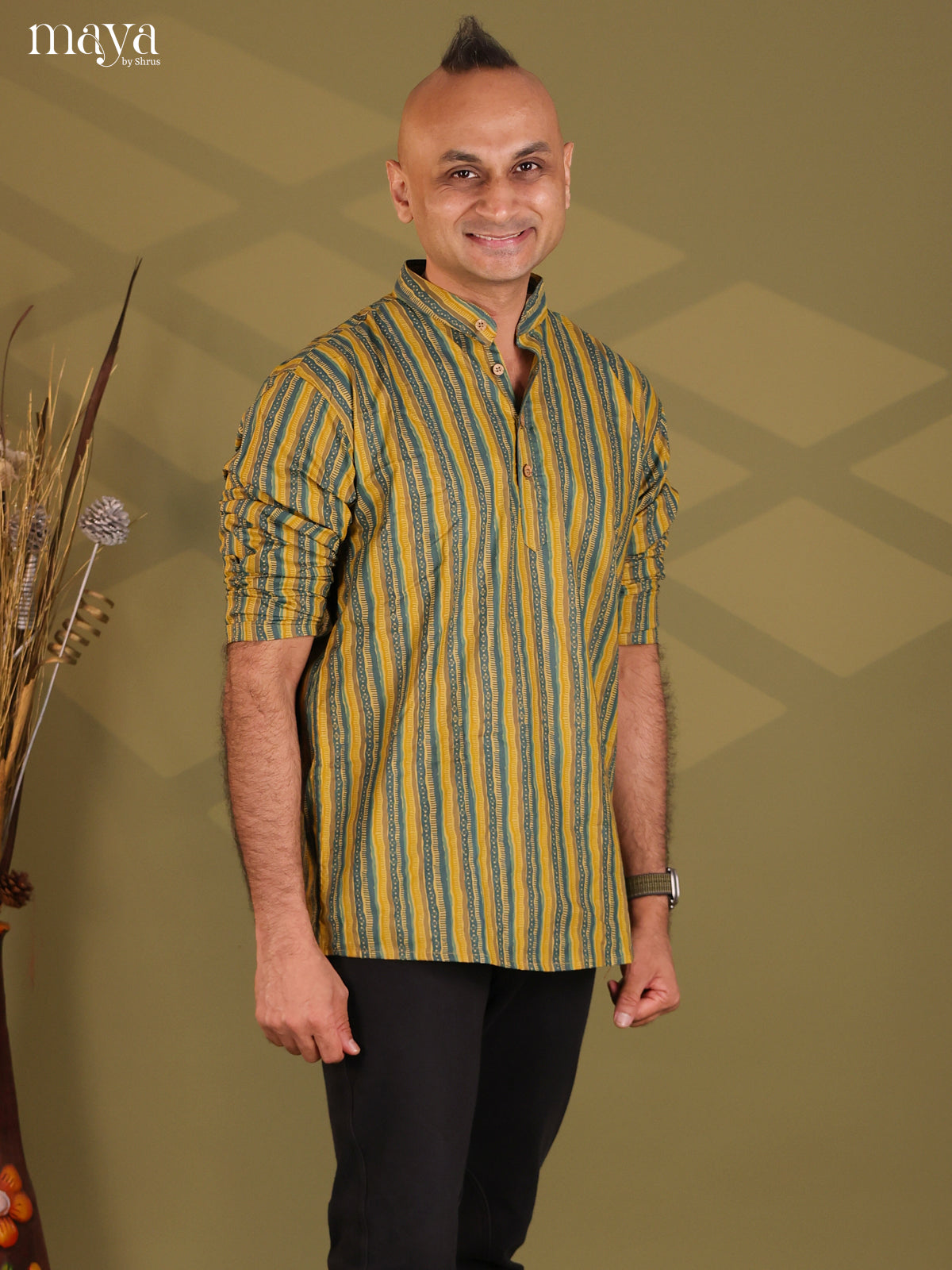 Lime Yellow Cotton Block Print Short Men Kurta