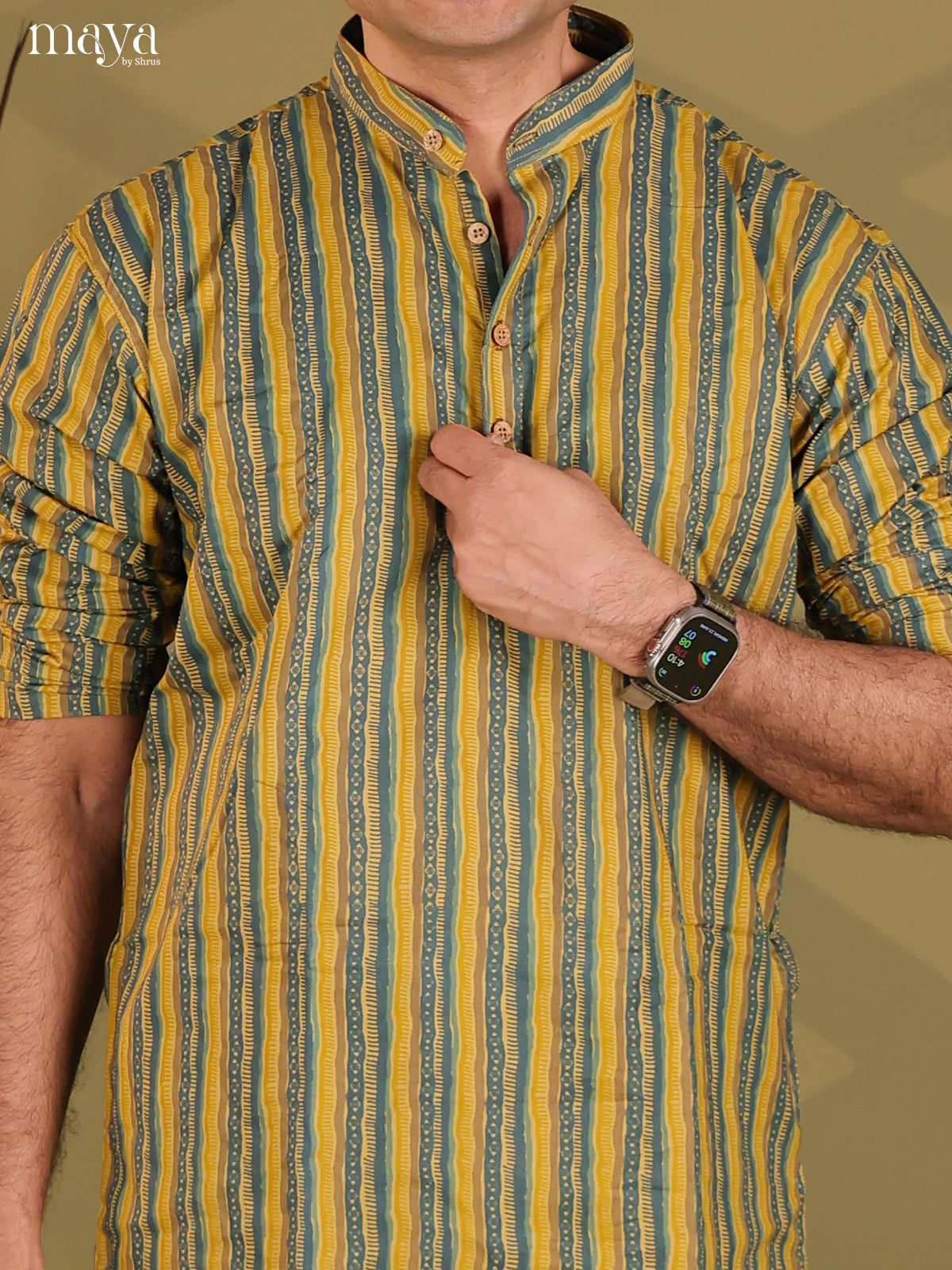 Lime Yellow Cotton Block Print Short Men Kurta
