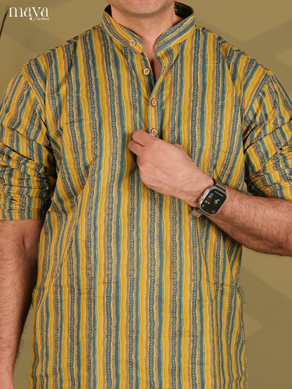 Lime Yellow Cotton Block Print Short Men Kurta