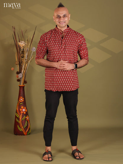 Maroon Cotton Floral Print Short Men Kurta
