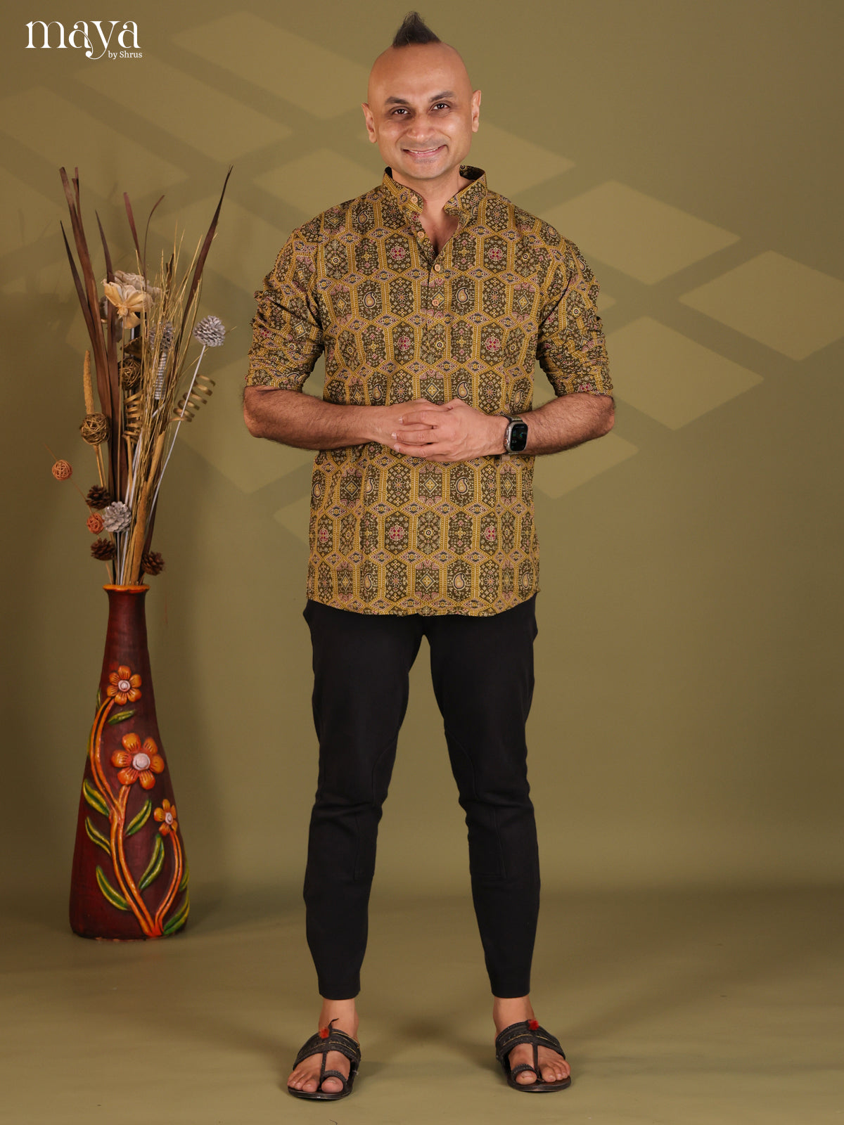 Army Green Cotton Printed Short Men Kurta