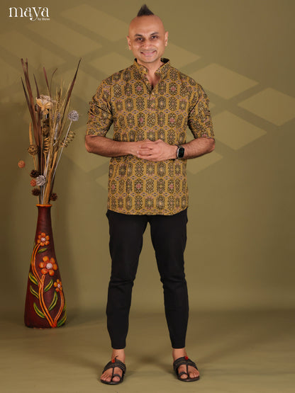 Army Green Cotton Printed Short Men Kurta