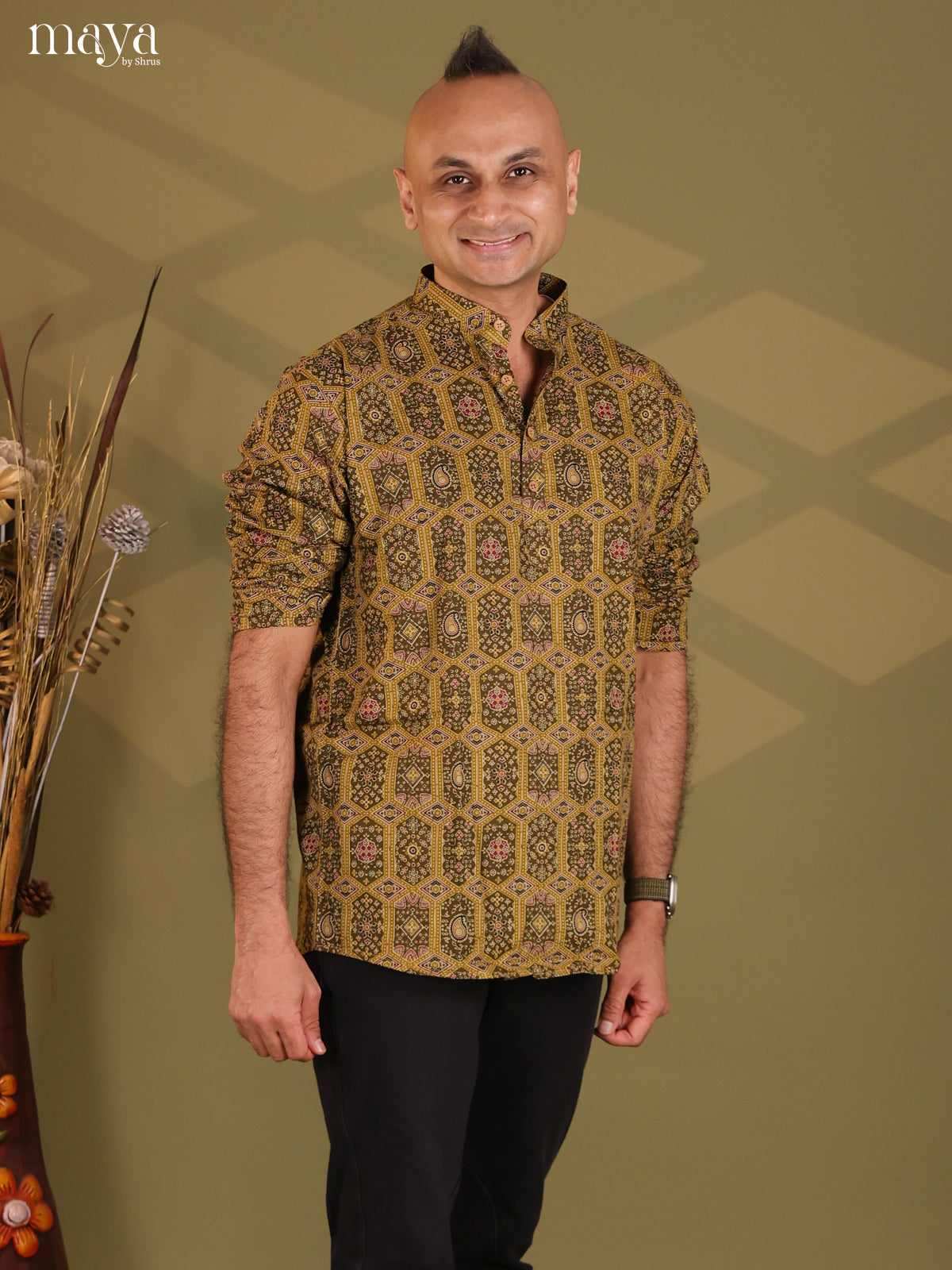 Army Green Cotton Printed Short Men Kurta