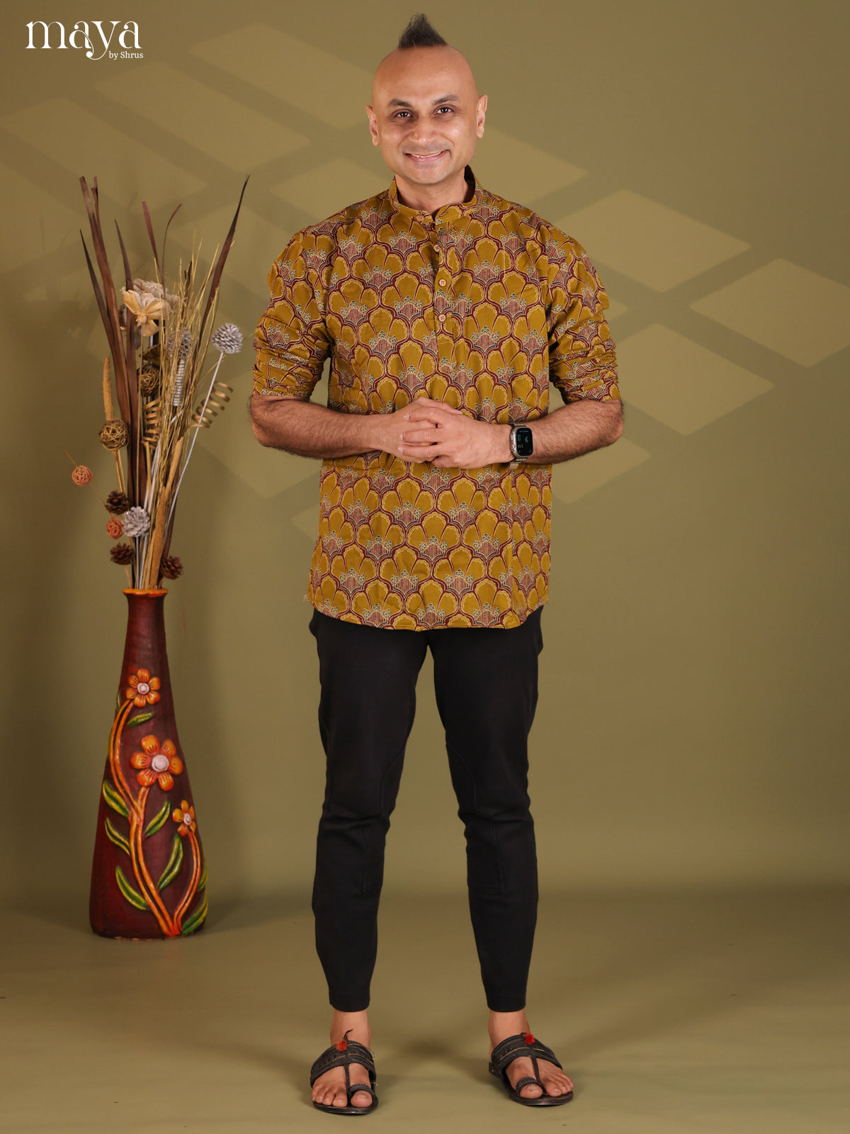 Mustard Yellow Cotton Block Print Short Men Kurta