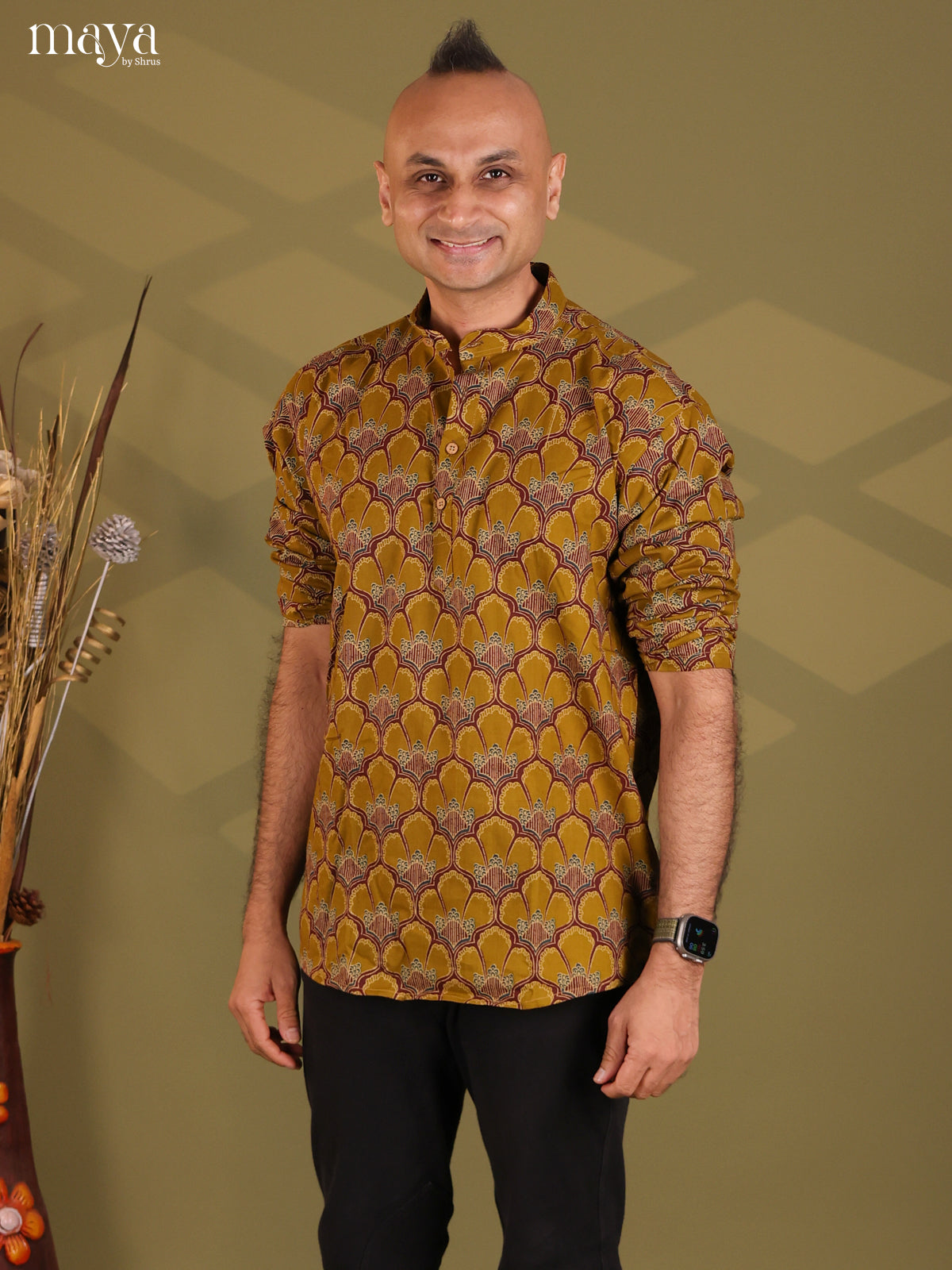 Mustard Yellow Cotton Block Print Short Men Kurta
