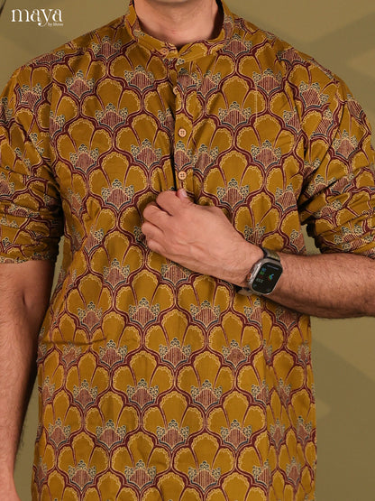 Mustard Yellow Cotton Block Print Short Men Kurta