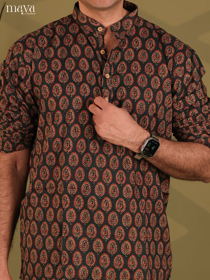 Black Cotton Printed Short Men Kurta