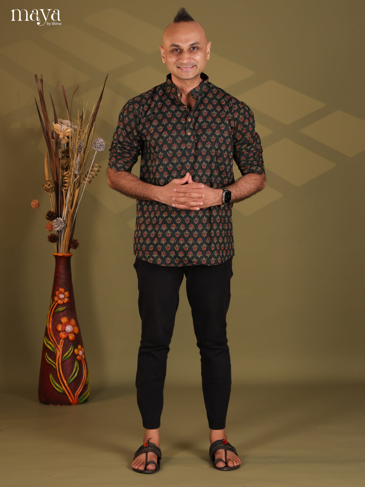 Exquisite Dark Green Floral Printed Short Kurta For Men