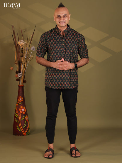 Exquisite Dark Green Floral Printed Short Kurta For Men