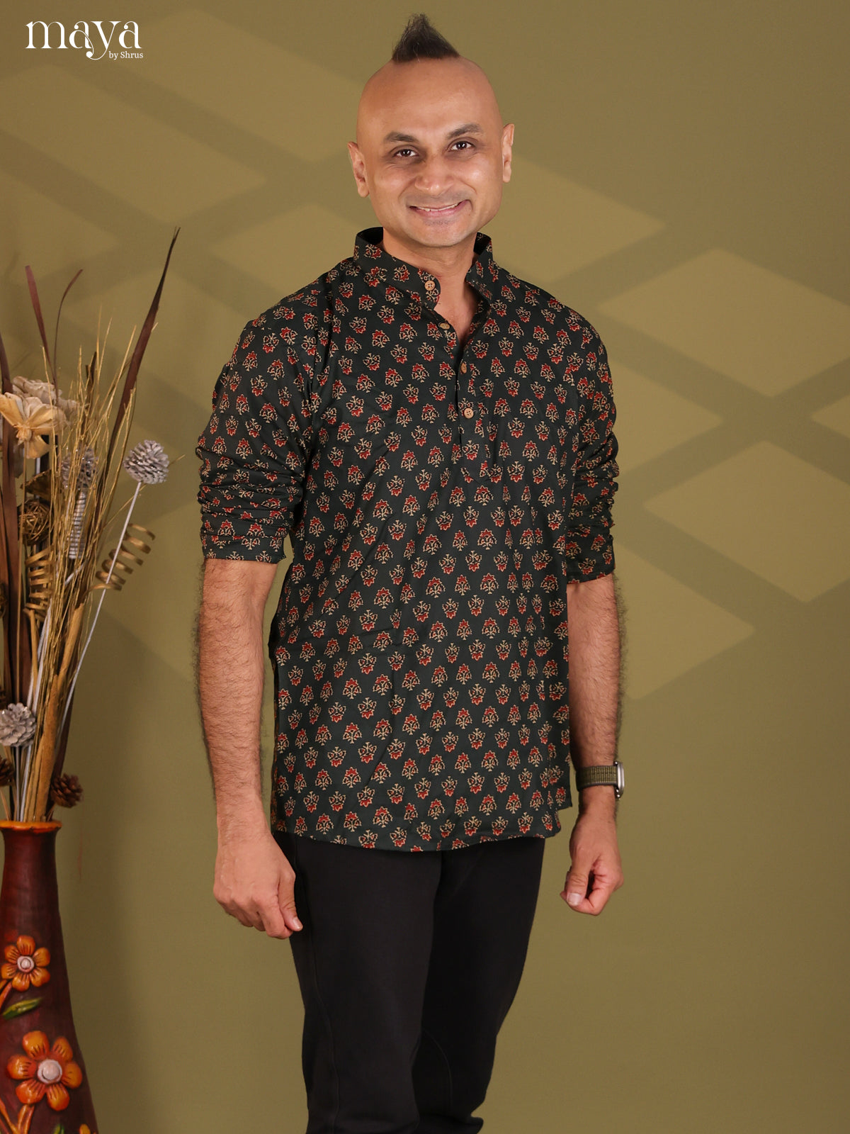 Exquisite Dark Green Floral Printed Short Kurta For Men