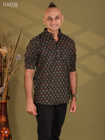 Exquisite Dark Green Floral Printed Short Kurta For Men