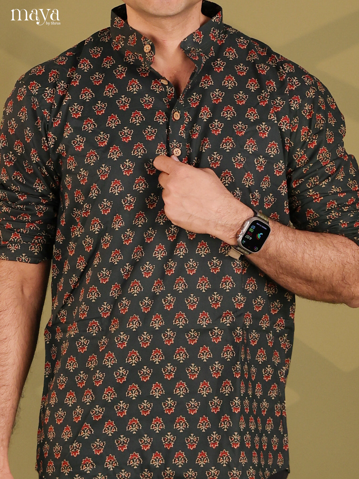 Exquisite Dark Green Floral Printed Short Kurta For Men