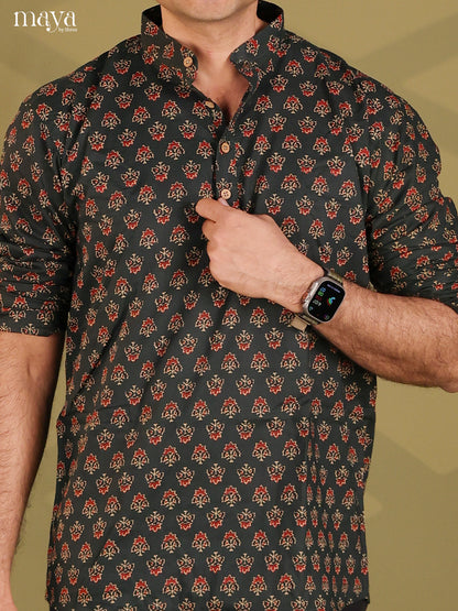 Exquisite Dark Green Floral Printed Short Kurta For Men