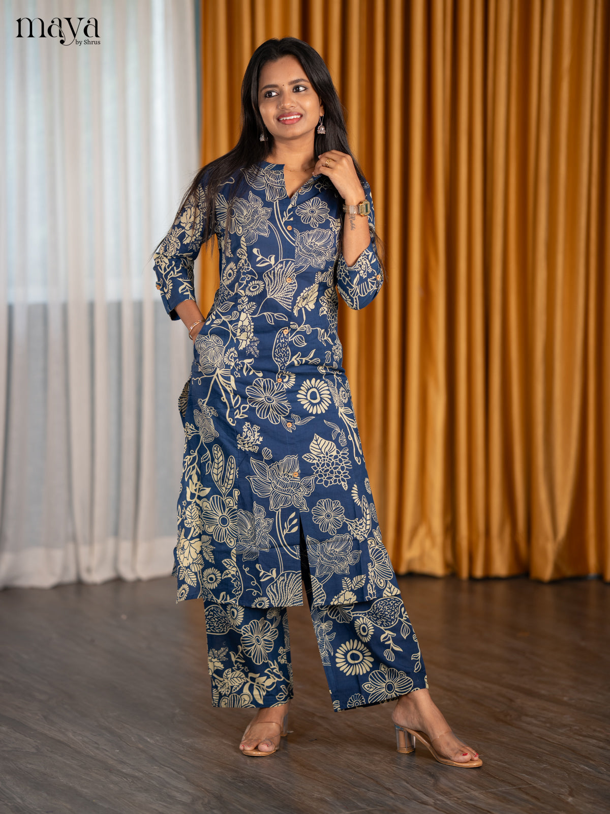 Classy Navy Blue Cotton Co-Ord Set With Floral Prints