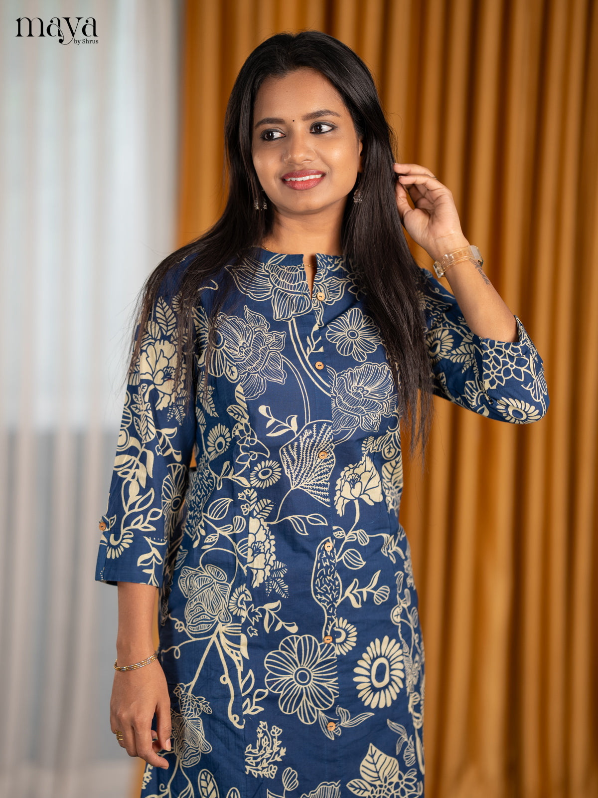 Classy Navy Blue Cotton Co-Ord Set With Floral Prints