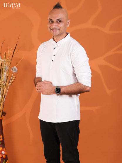 White Cotton Solid Short Men Kurta
