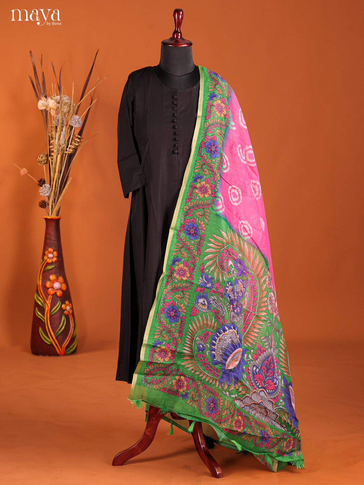 Pink & Green -Semi Maheshwari Print Dupatta