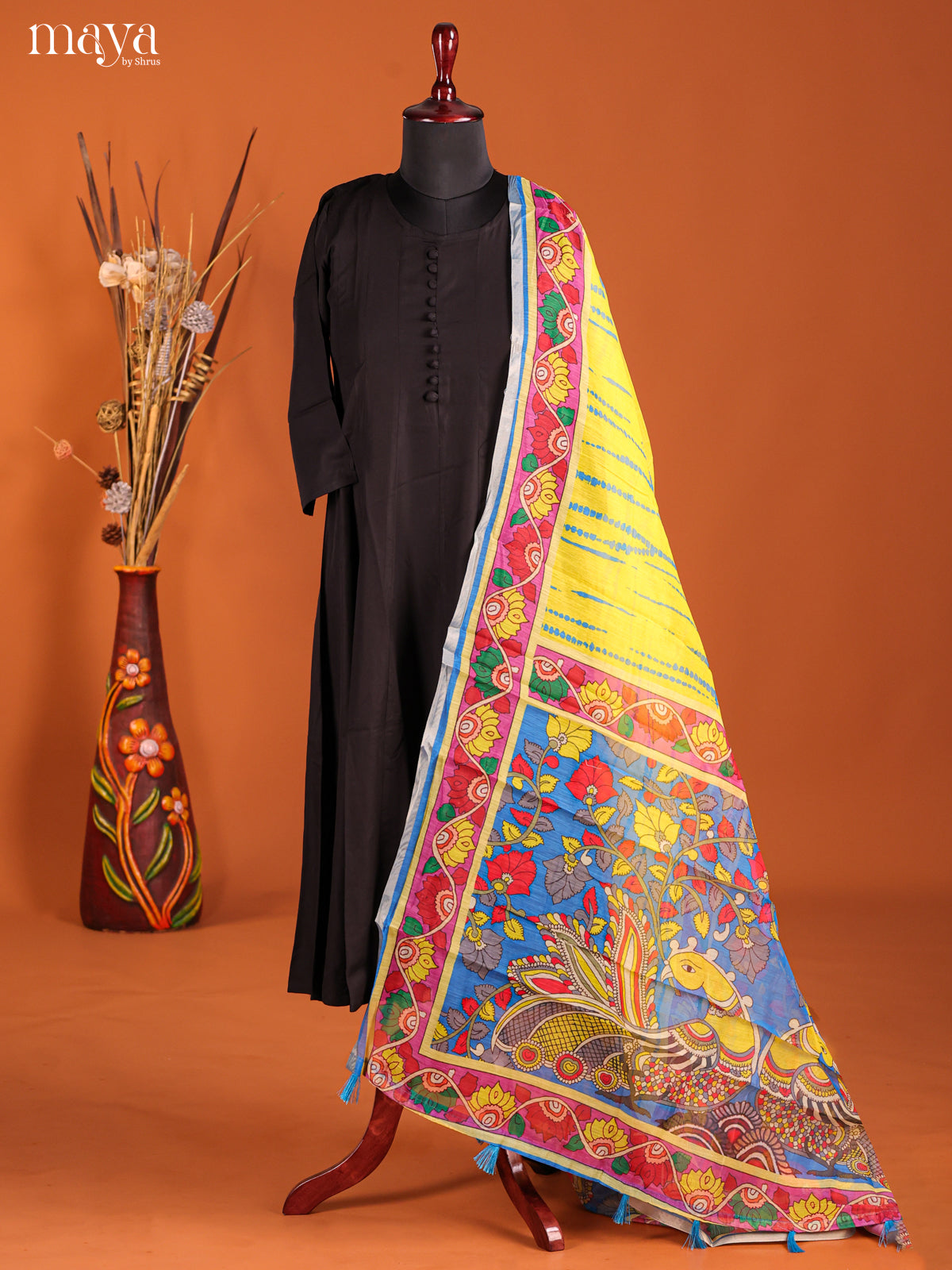 Yellow & Blue-Semi Maheshwari Print Dupatta