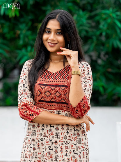 Cream & Red Ajrakh Printed Readymade Kurti