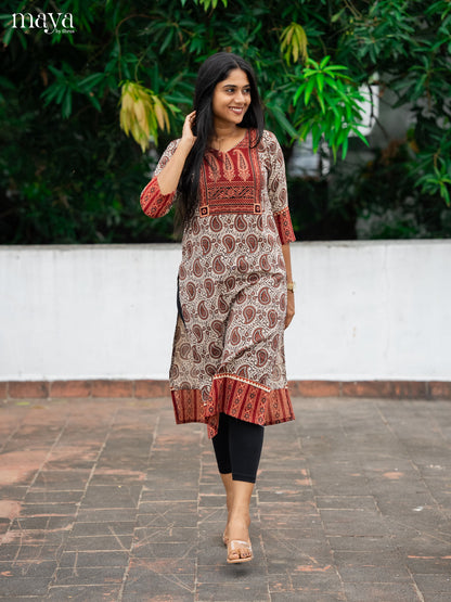 Grey & Red Ajrakh Printed Readymade Kurti
