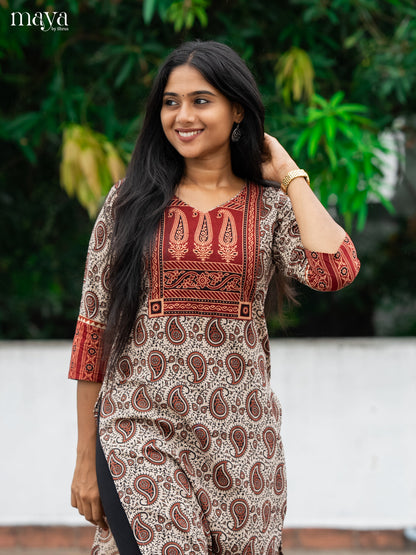 Grey & Red Ajrakh Printed Readymade Kurti