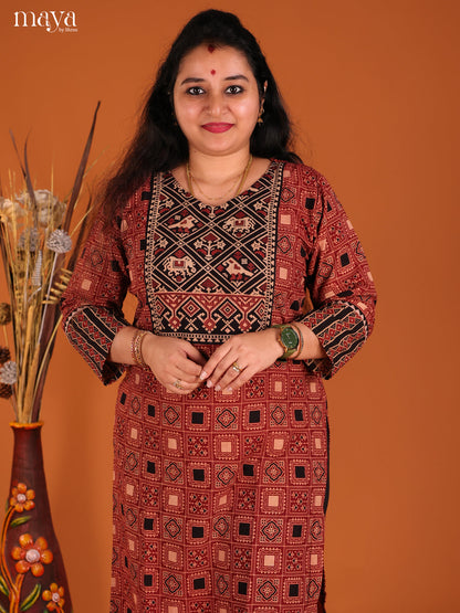 Red & Black Ajrakh Printed Readymade Kurti