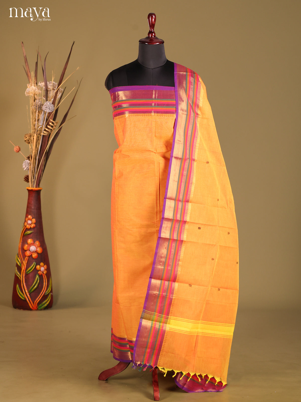 Beautiful Orange Chettinad Cotton Top & Dupatta Set With Zari Border