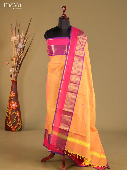 Radiant Orange Chettinad Cotton Top & Dupatta Set With Pink Zari Border