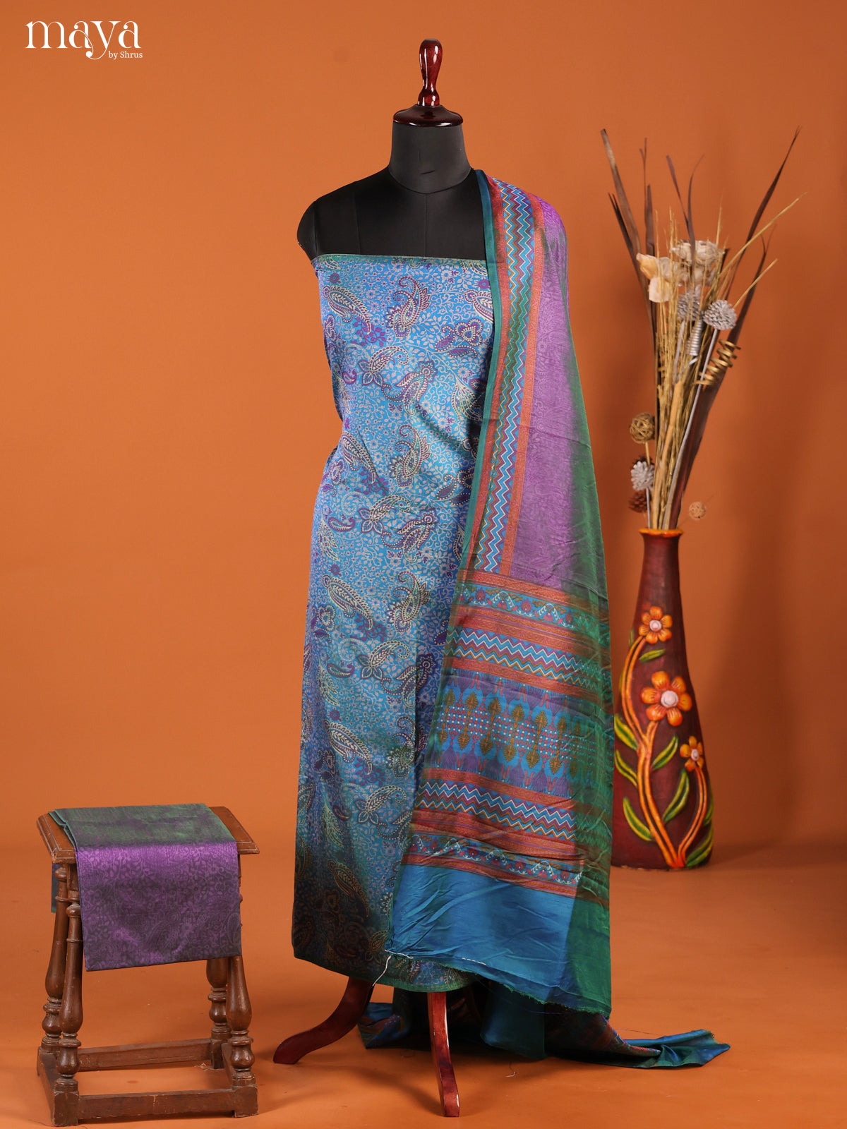 Charming Blue Semi Patola Salwar Material With Paisley Prints