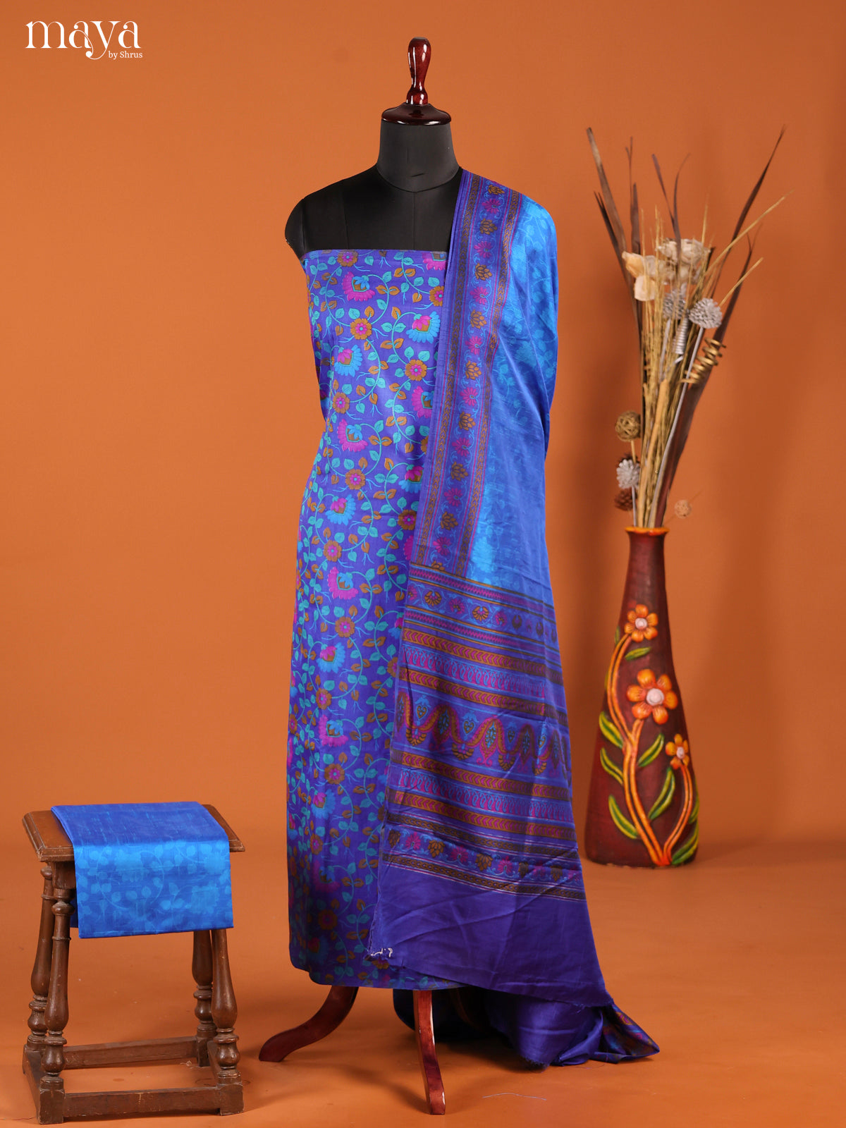 Exquisite Blue Semi Patola Salwar Material With Floral Vines