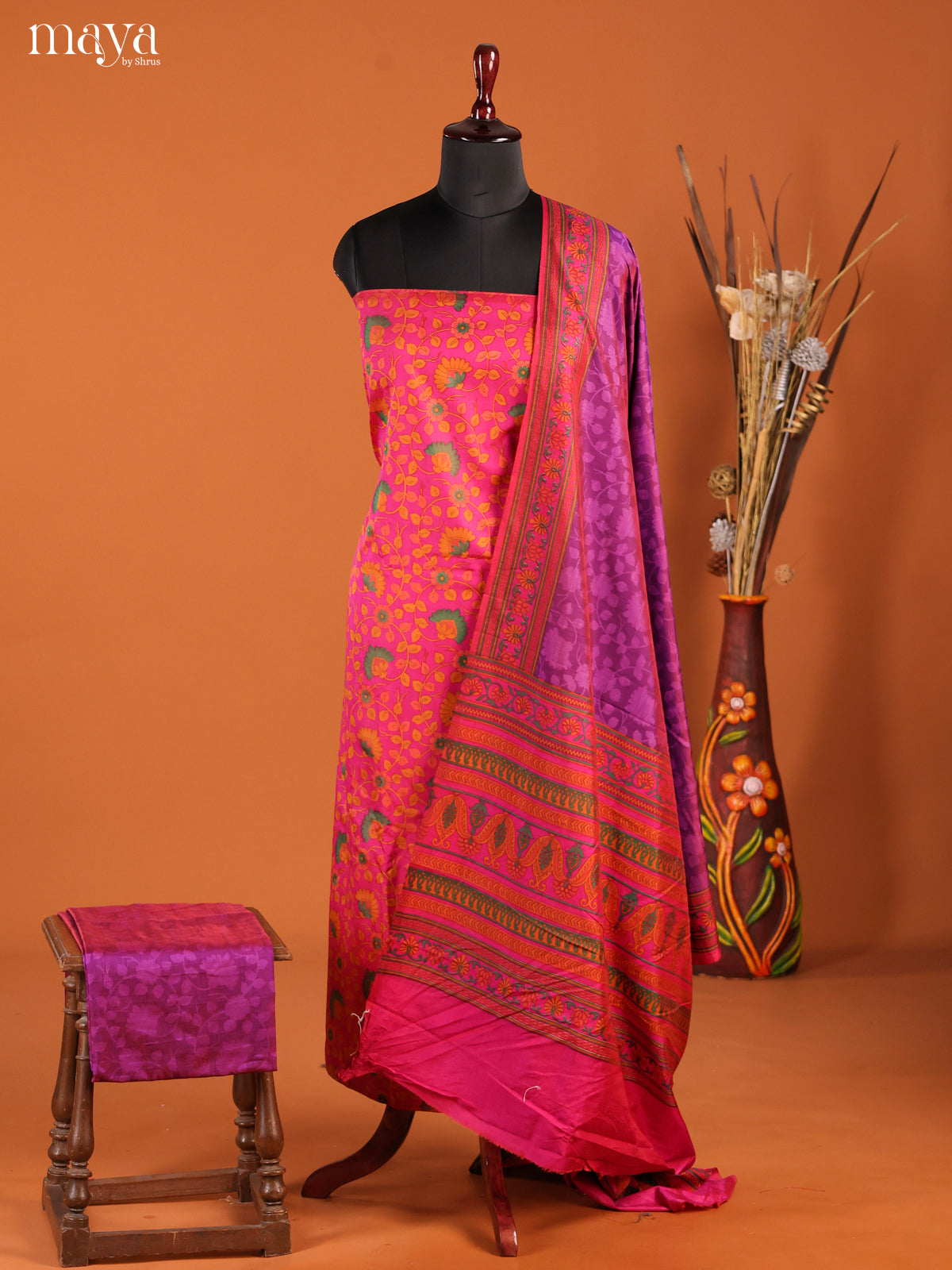 Radiant Pink Semi Patola Salwar Suit Material With Floral Prints