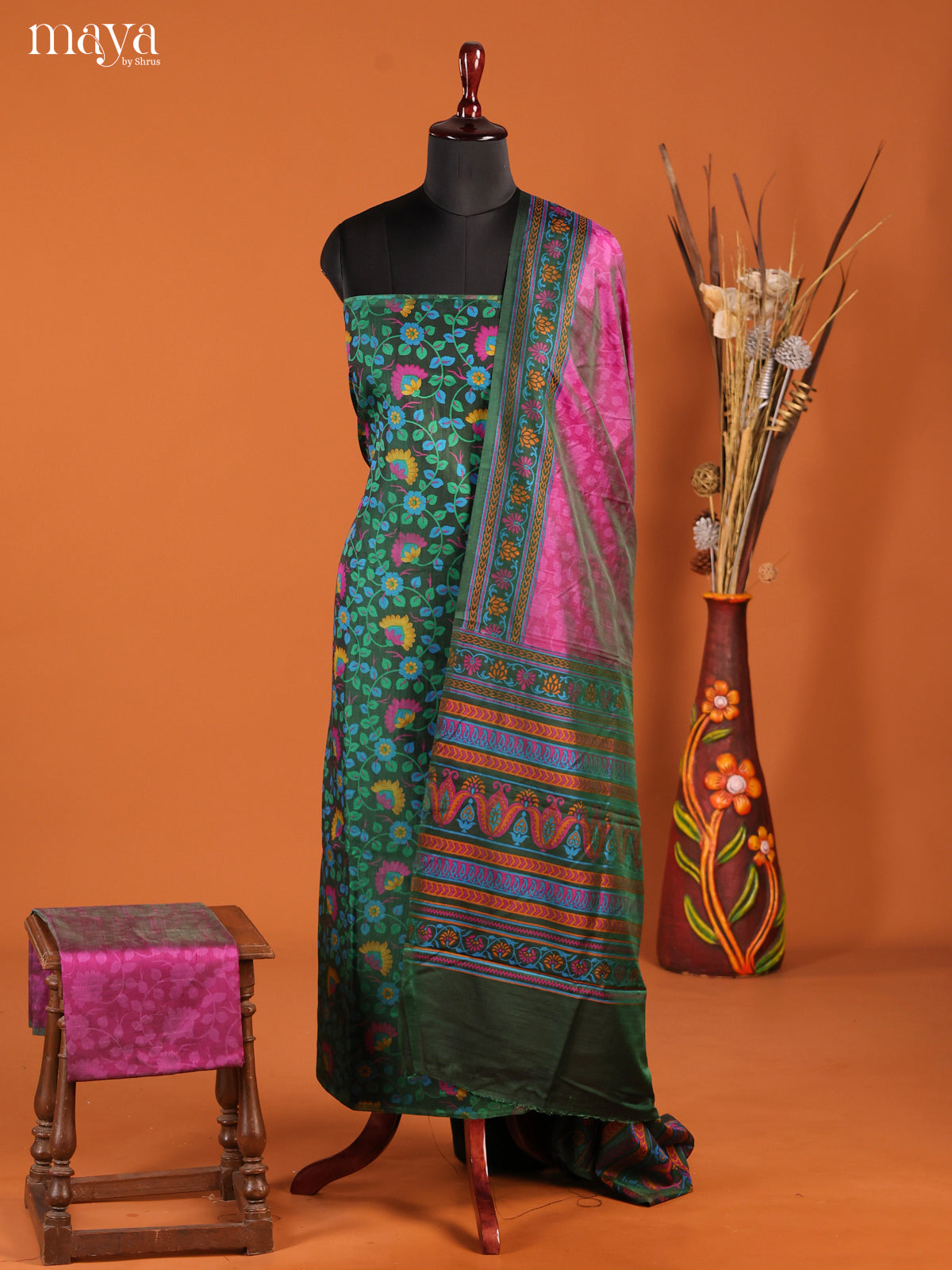 Festive Green Semi Patola Salwar Suit Material With Floral Pattern