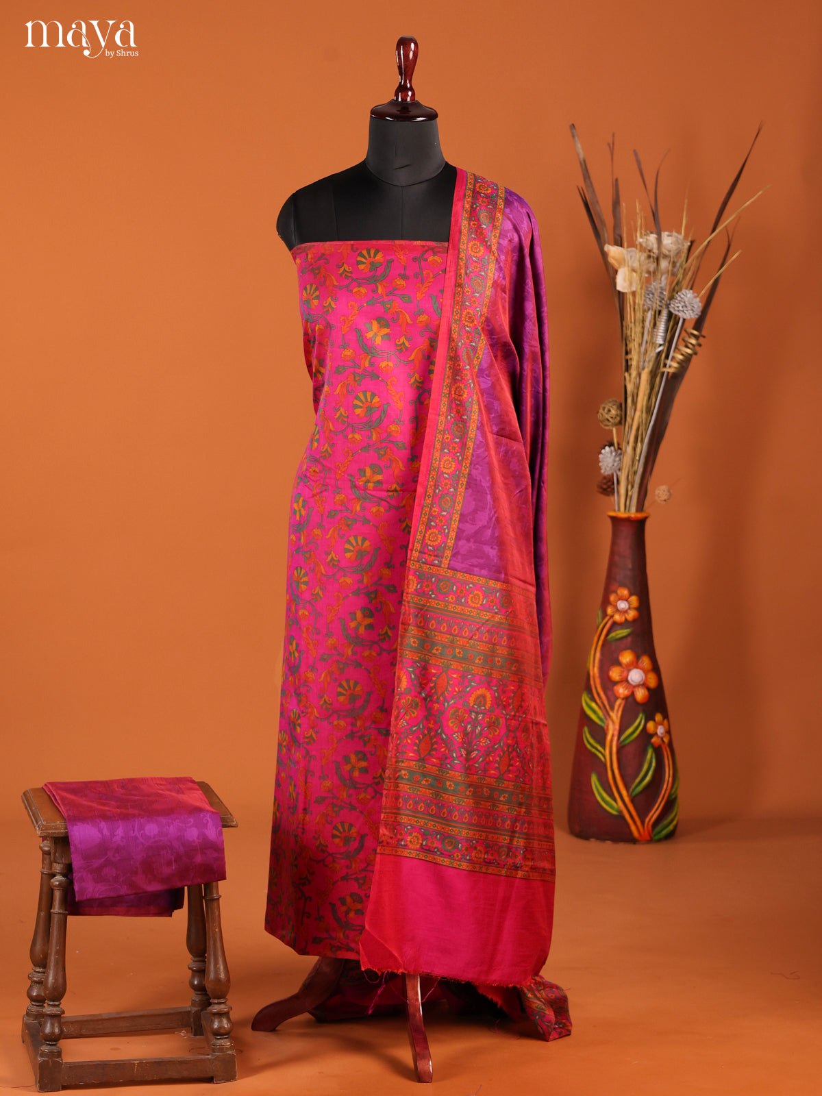 Pretty Pink Semi Patola Salwar Suit Material Printed With Floral Vines