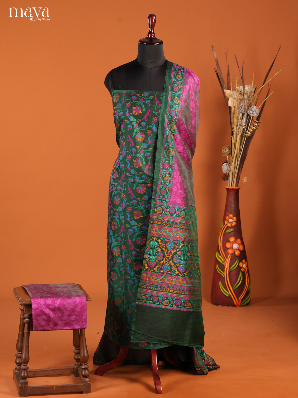 Chic Dark Green & Purple Semi Patola Salwar Suit Material With Floral Vines